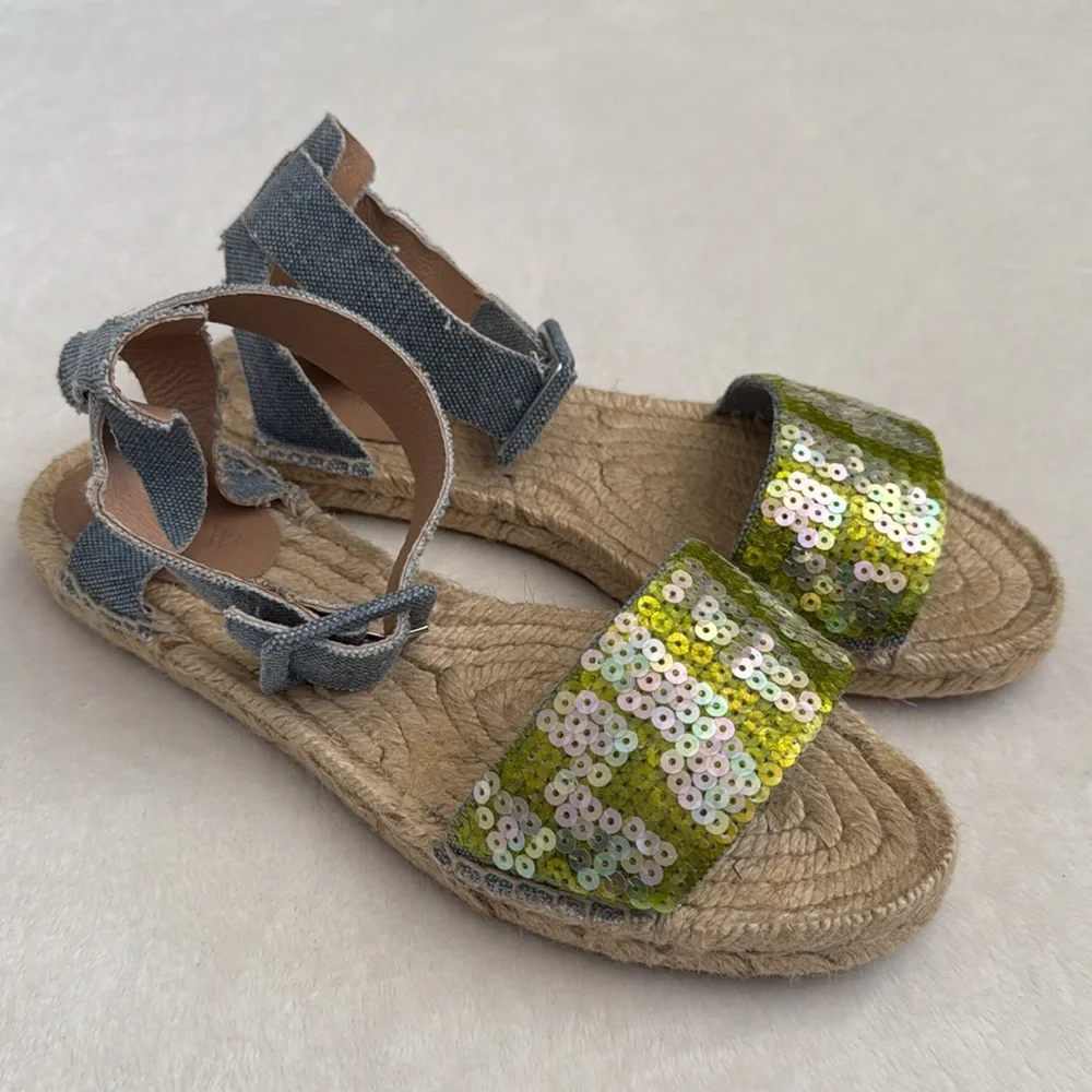 J. Crew | Sequin Ankle Strap Espadrilles Green/Blue Chambray (8) - Picture 15 of 15